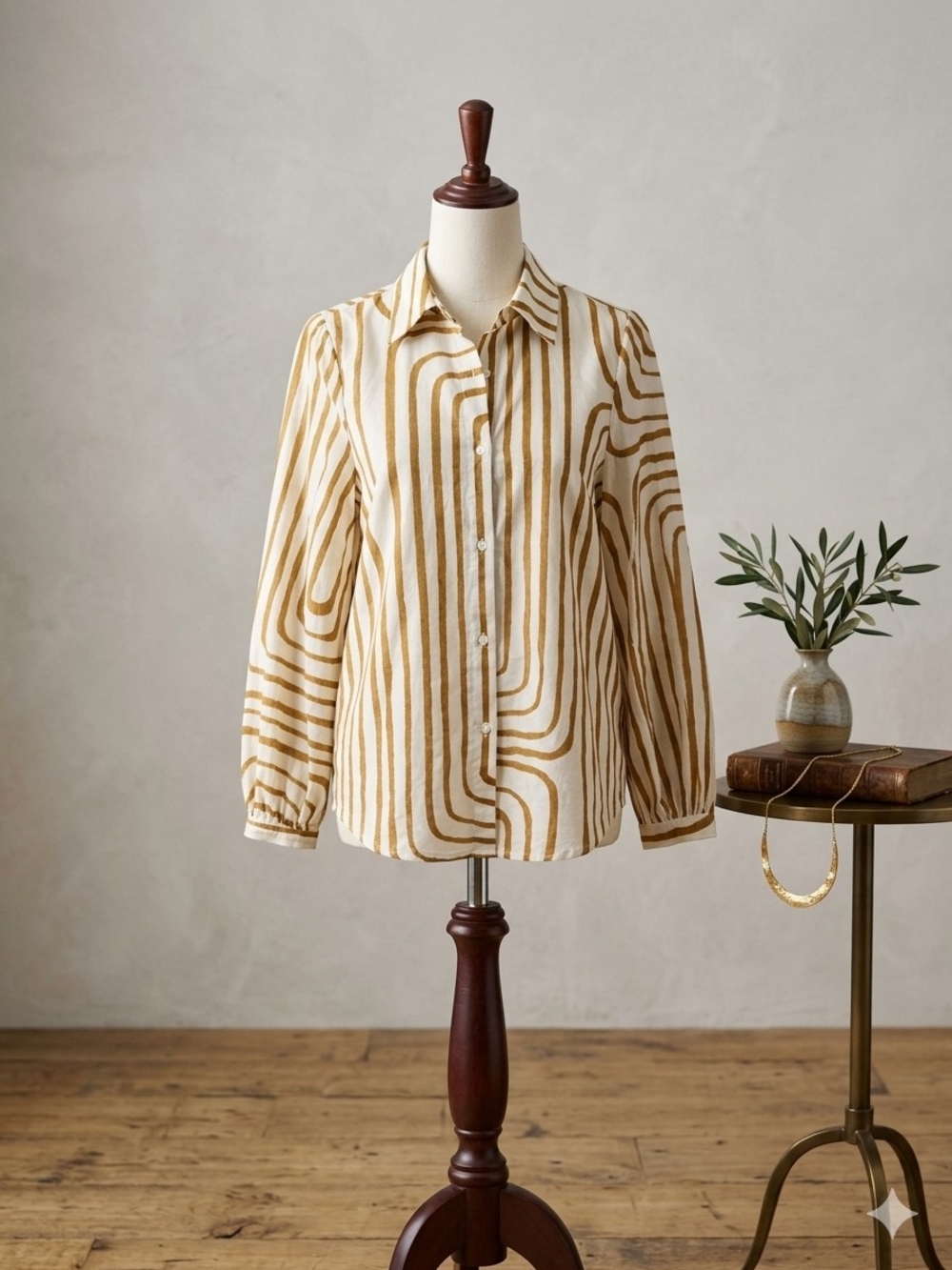 Mango Striped Wave-Pattern Button-Down Shirt - Cream & Gold